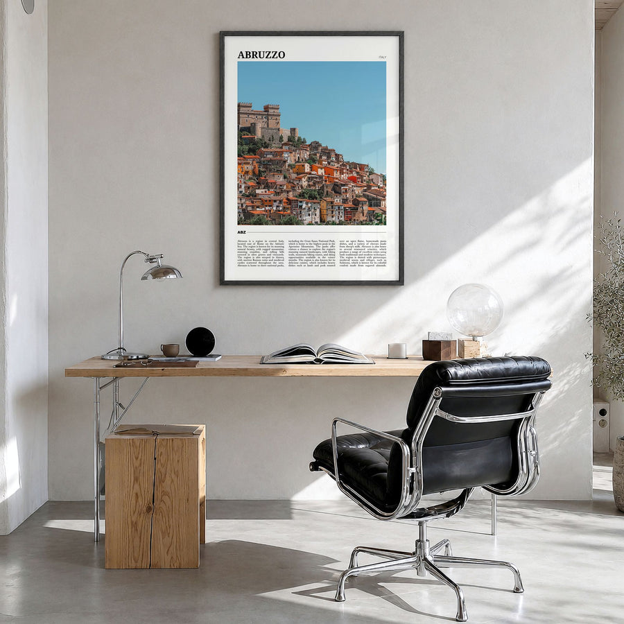 Abruzzo Travel No 2 Poster in a black wood frame, hanging in a bright home office