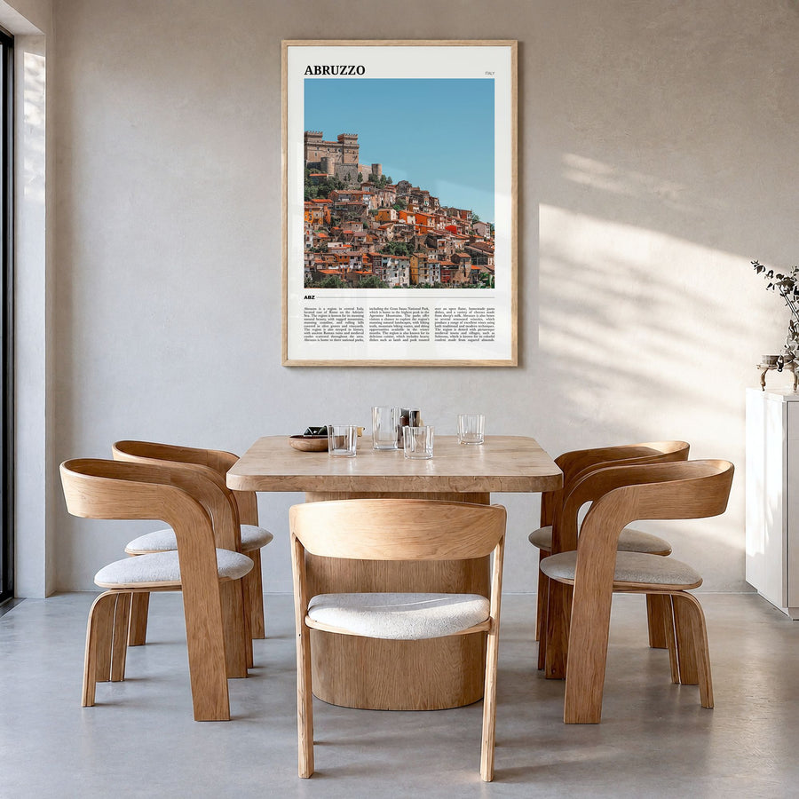 Abruzzo Travel No 2 Poster in a natural wood frame, hanging in a dining room