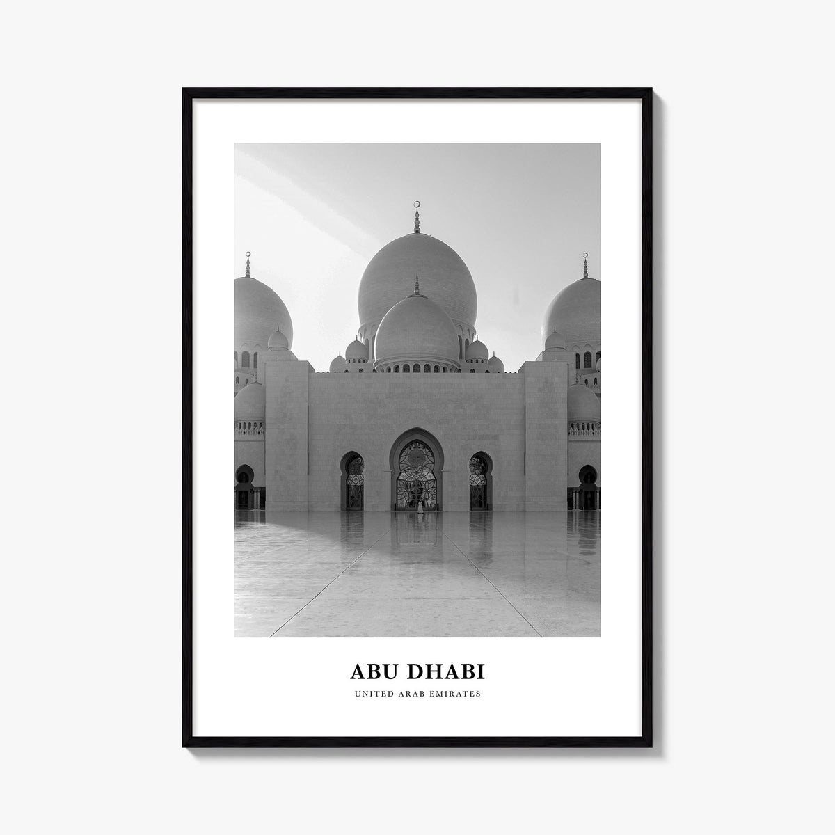 Abu Dhabi black & white classic poster of United Arab Emirates – vertical wall art, unframed print shown in interior mockup