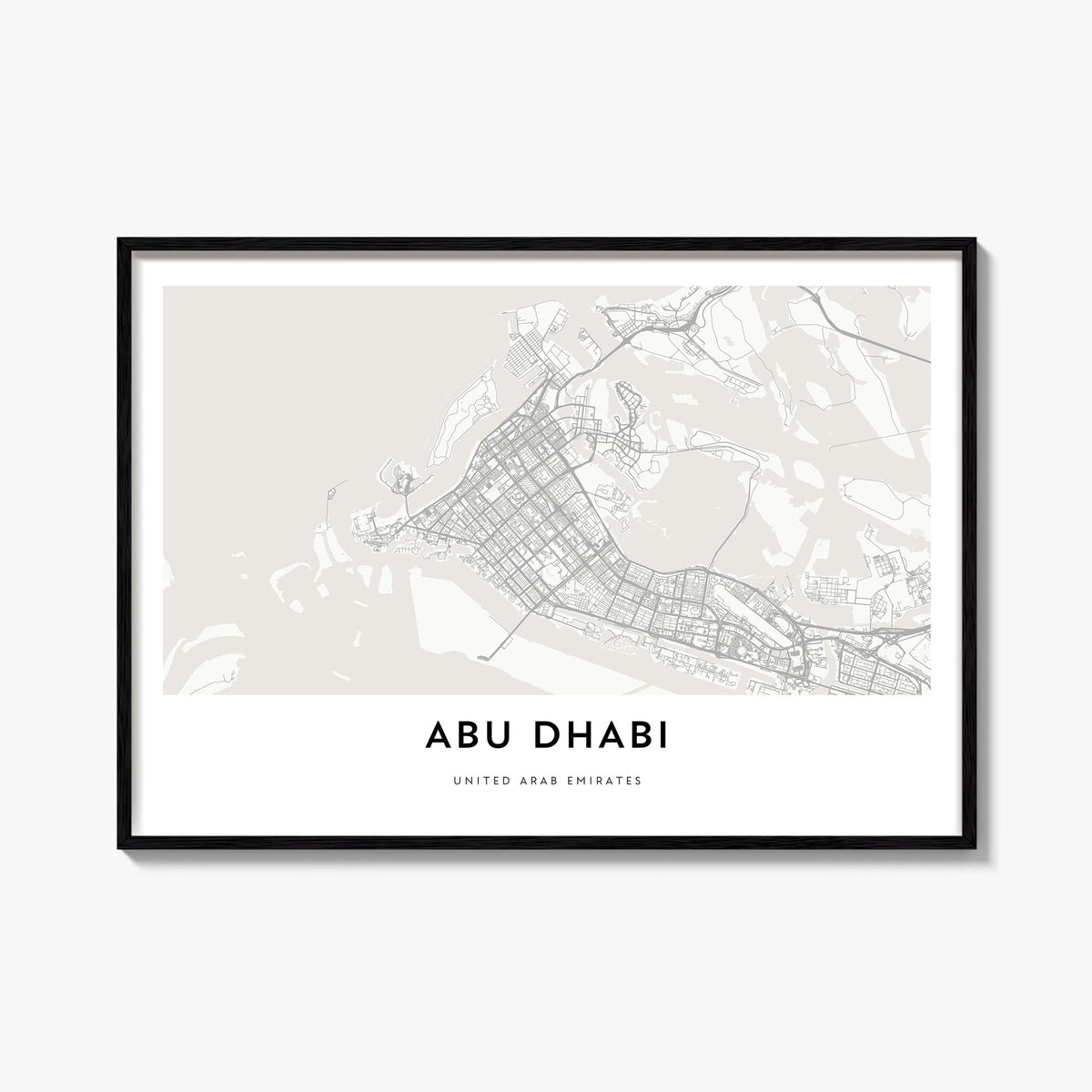 Abu Dhabi black & white map poster of United Arab Emirates – horizontal wall art, unframed print shown in interior mockup