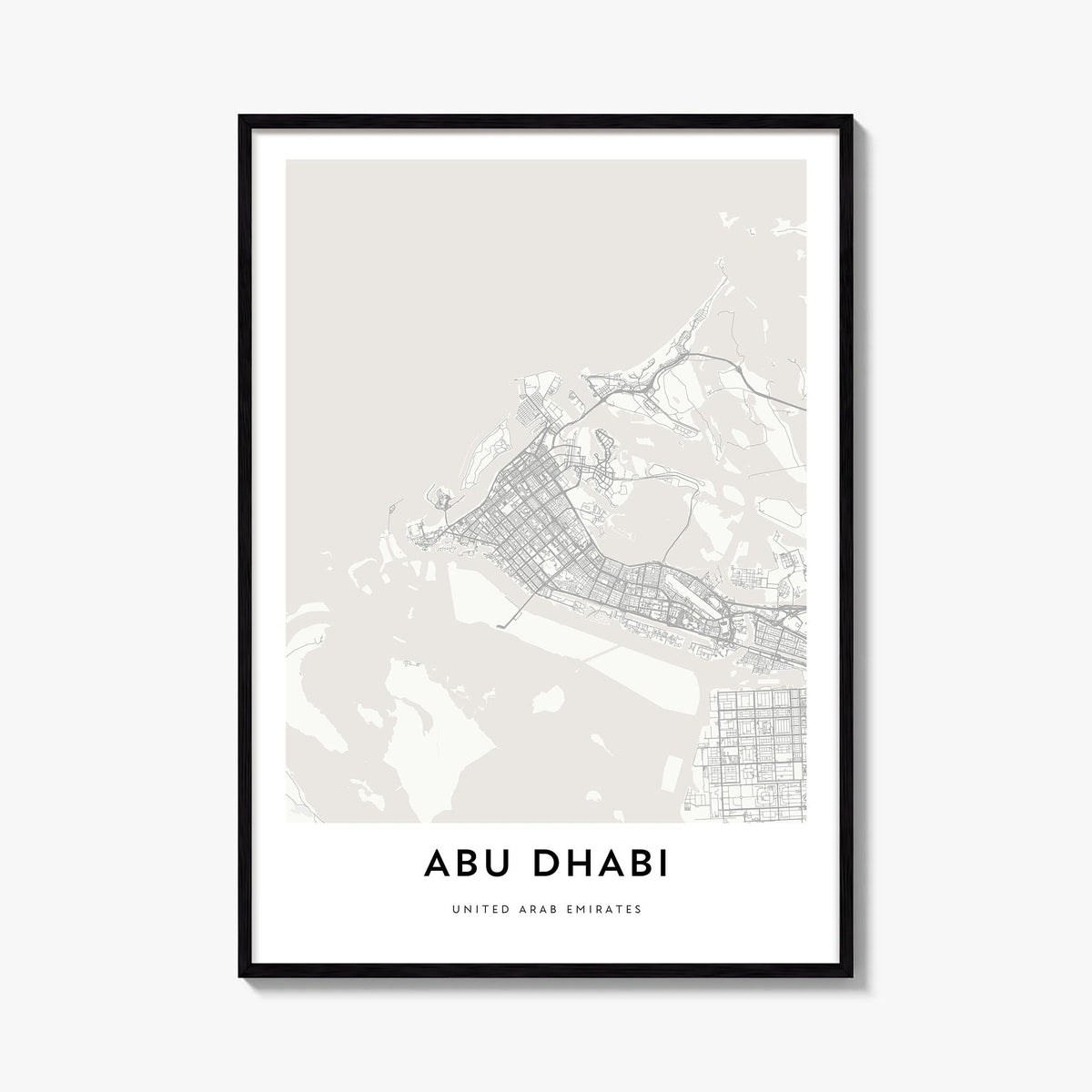 Abu Dhabi black & white map poster of United Arab Emirates – vertical wall art, unframed print shown in interior mockup