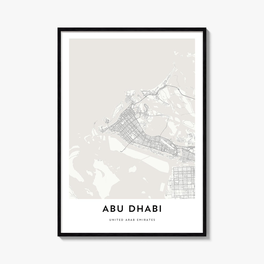 Abu Dhabi black & white map poster of United Arab Emirates – vertical wall art, unframed print shown in interior mockup