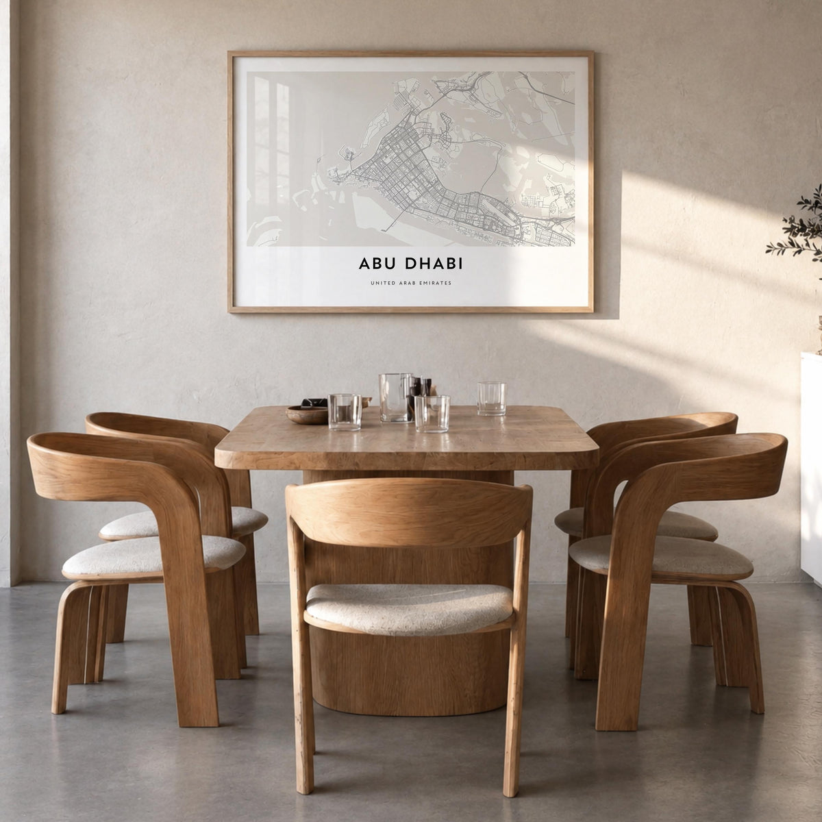 Abu Dhabi black & white map poster of United Arab Emirates – horizontal wall art in natural wood frame, hanging on wall