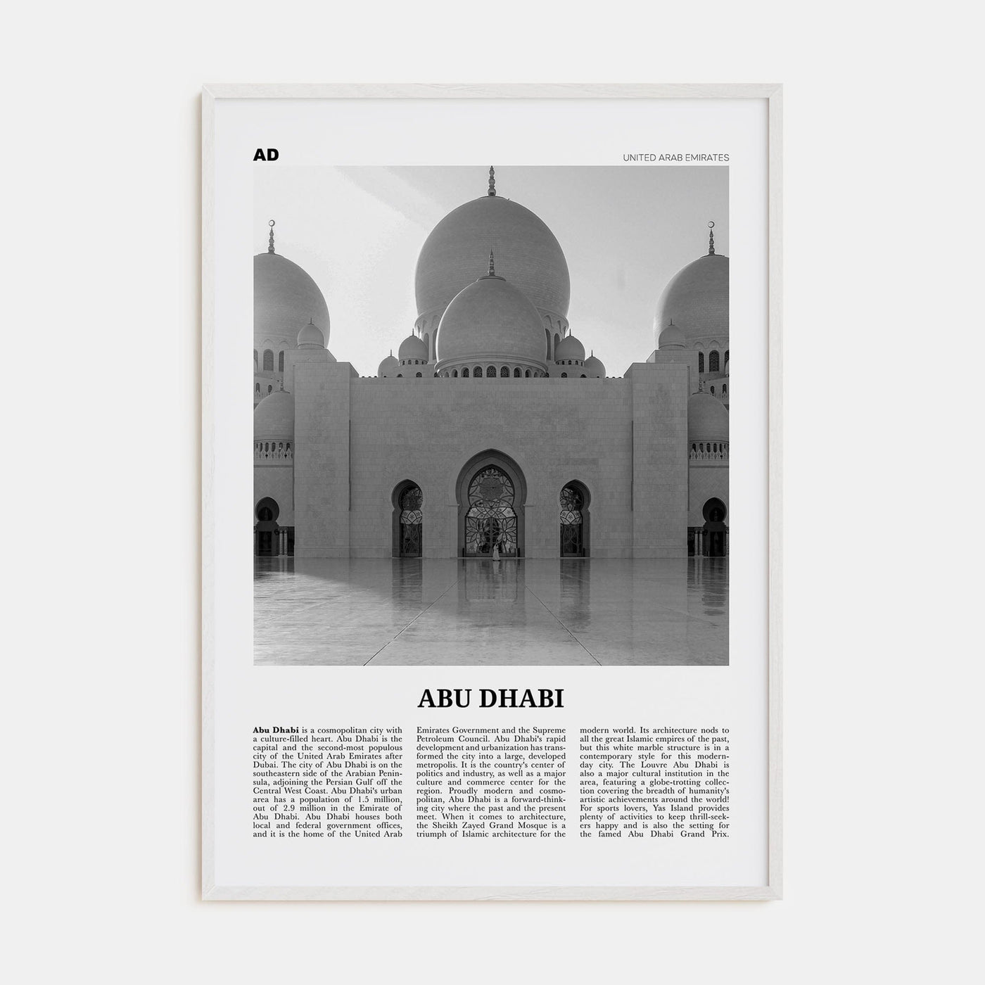 Abu Dhabi Poster White Wood / 8x12 in Nbourhood Travel B&W Poster