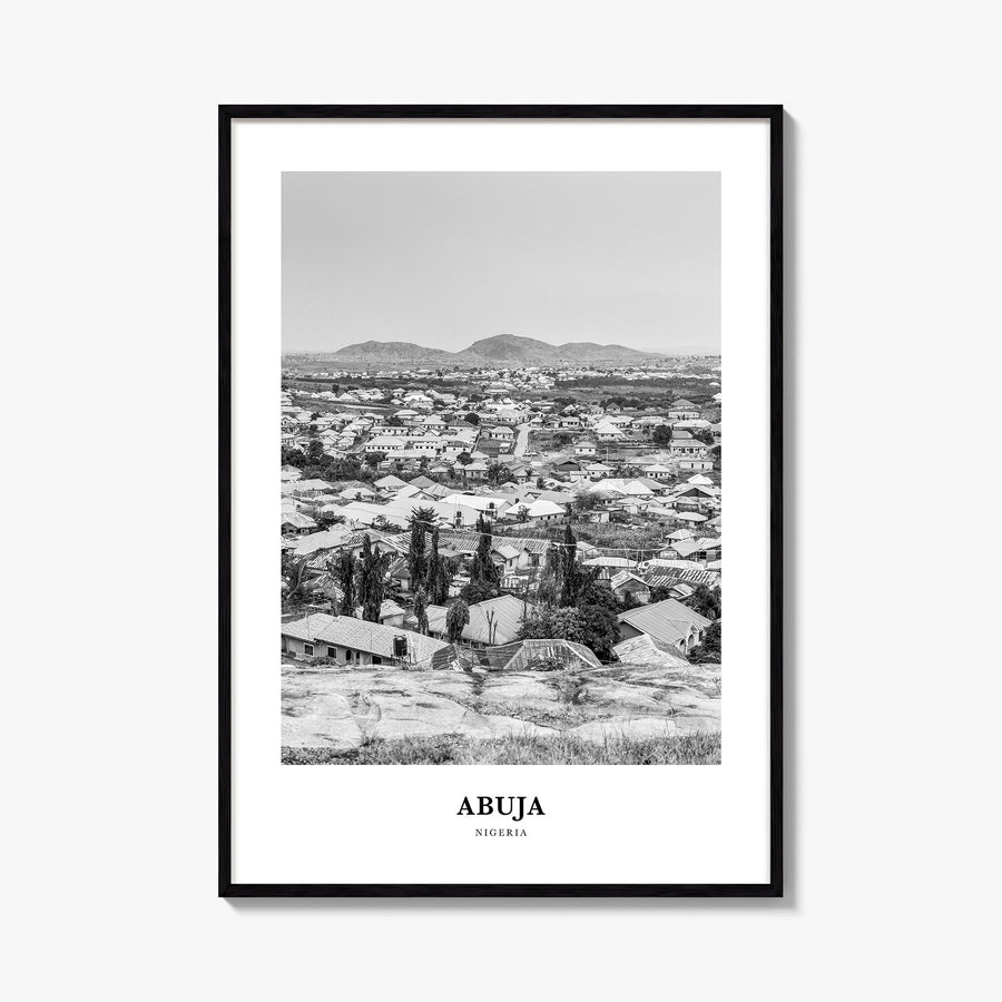 Abuja black & white classic poster of Nigeria – vertical wall art, unframed print shown in interior mockup