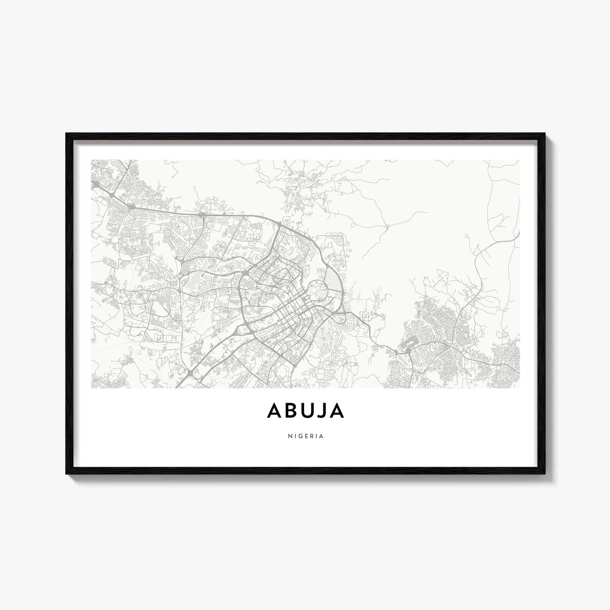 Abuja black & white map poster of Nigeria – horizontal wall art, unframed print shown in interior mockup