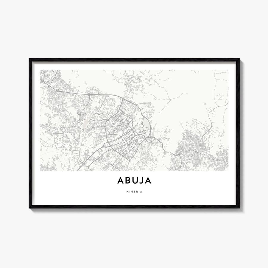 Abuja black & white map poster of Nigeria – horizontal wall art, unframed print shown in interior mockup