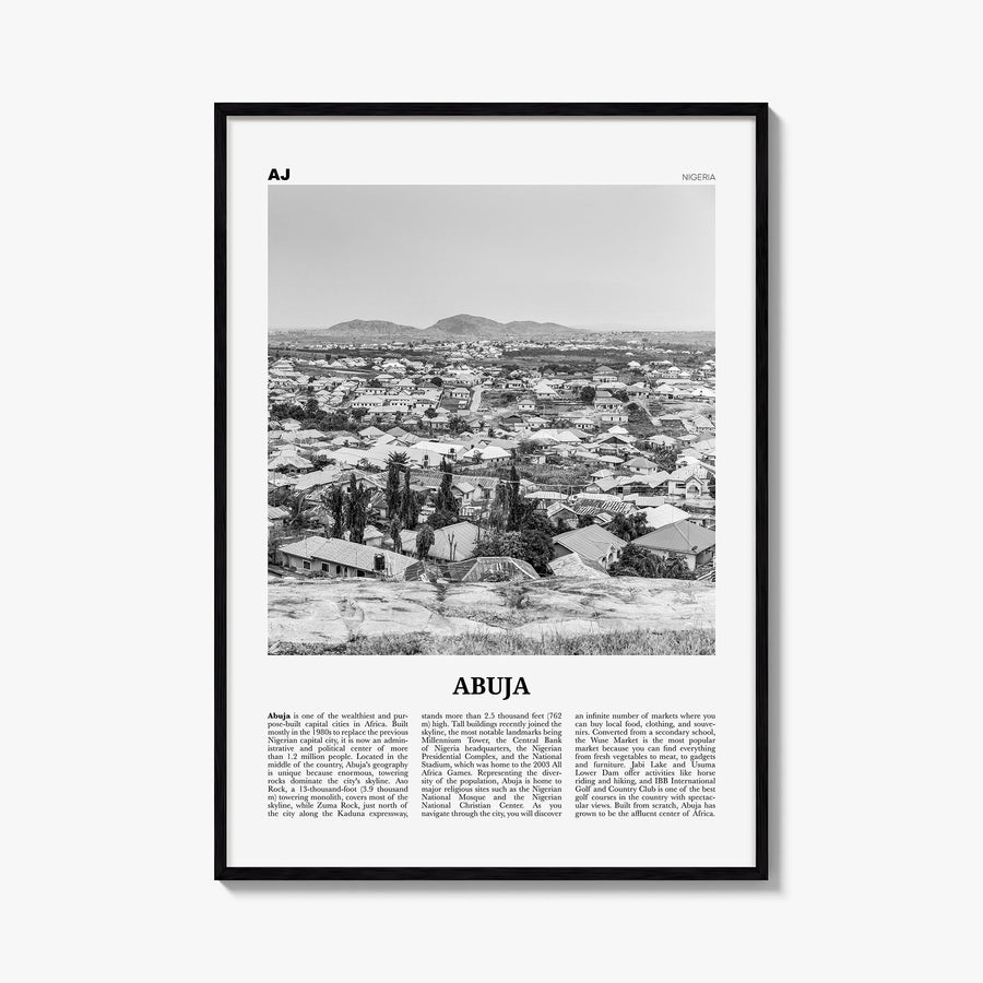 Abuja black & white newspaper poster of Nigeria – vertical wall art, unframed print shown in interior mockup