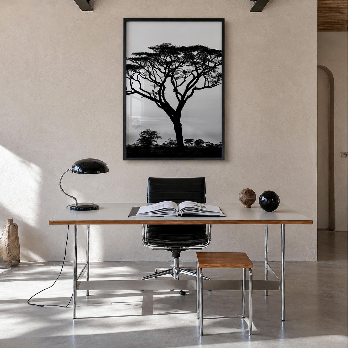 Acacia Tree black & white photo poster – vertical wall art in black wood frame, hanging on wall