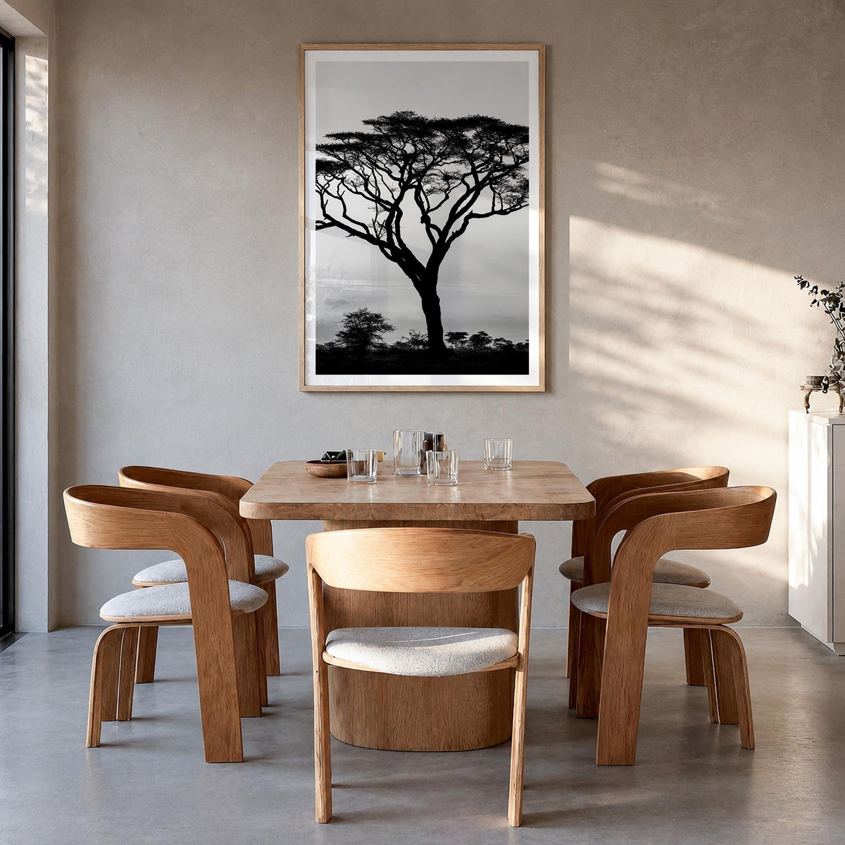 Acacia Tree black & white photo poster – vertical wall art in natural wood frame with white border, hanging on wall