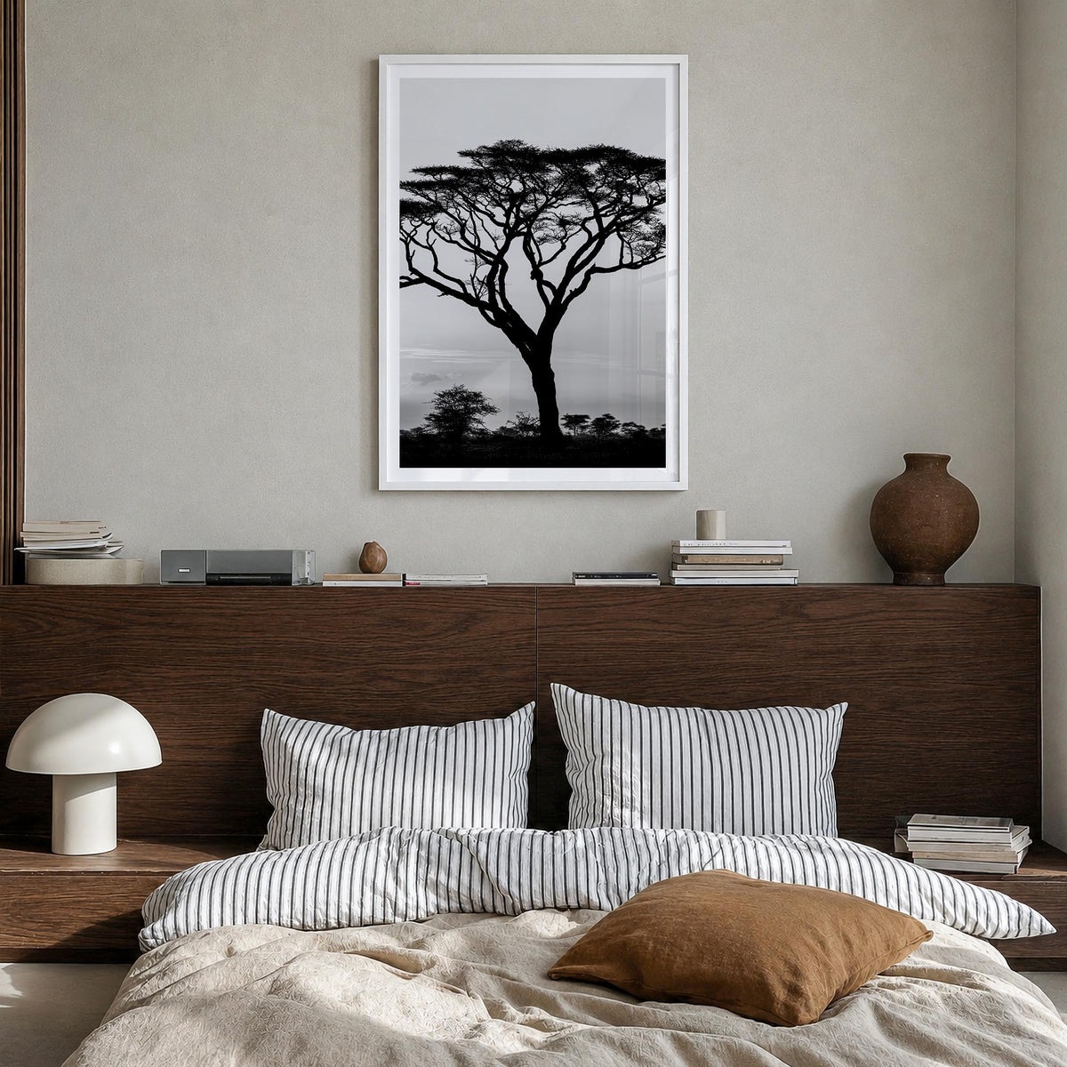 Acacia Tree black & white photo poster – vertical wall art in white wood frame with white border, hanging on wall