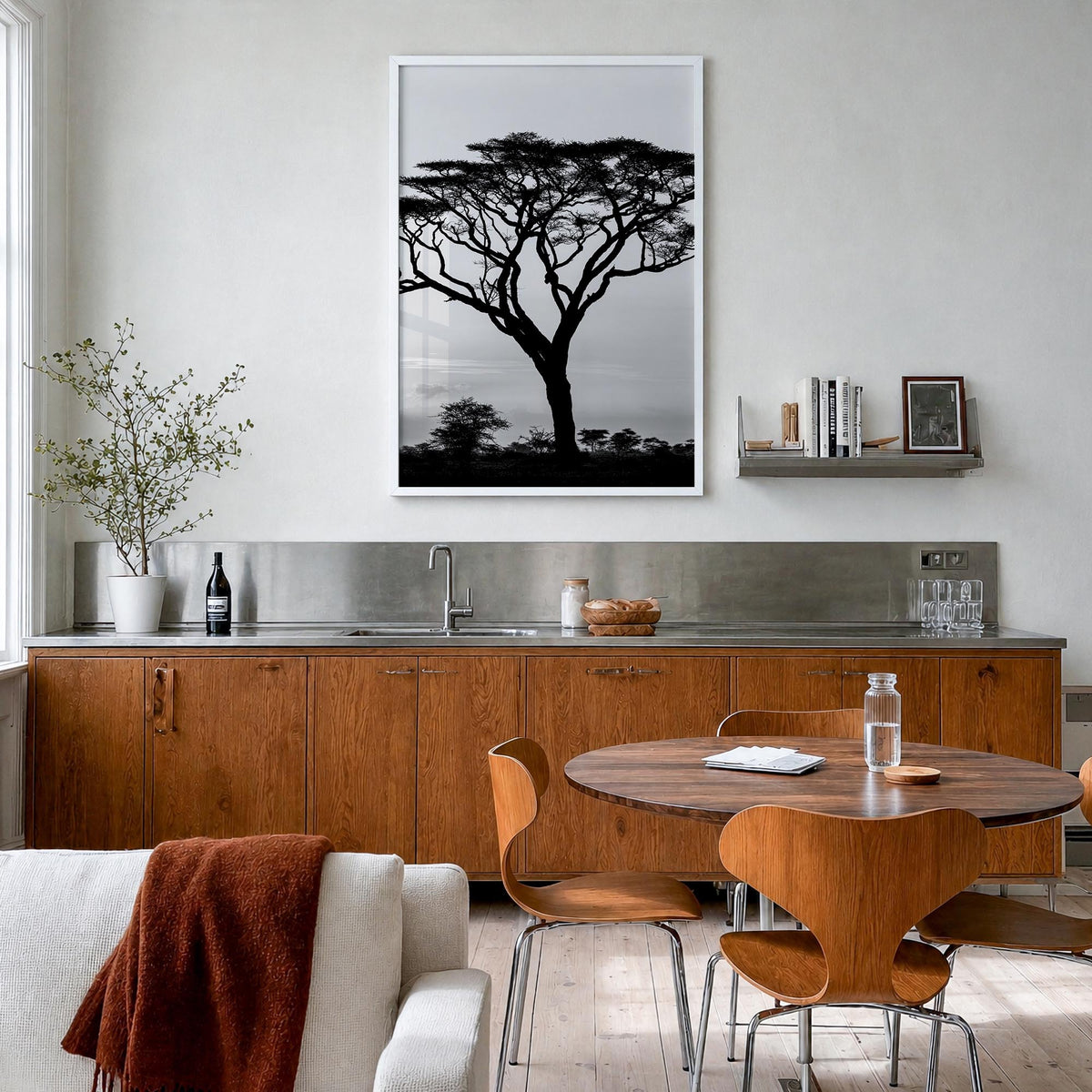 Acacia Tree black & white photo poster – vertical wall art in white wood frame, hanging on wall