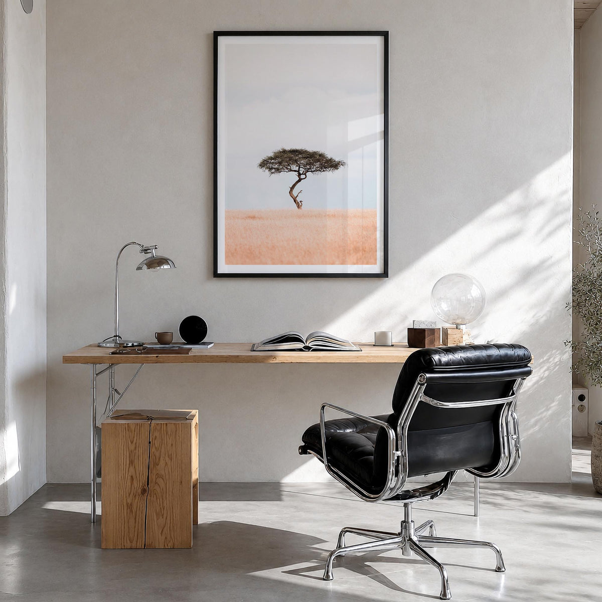 Acacia Tree no. 1 colorful photo poster – vertical wall art in black wood frame with white border, hanging on wall