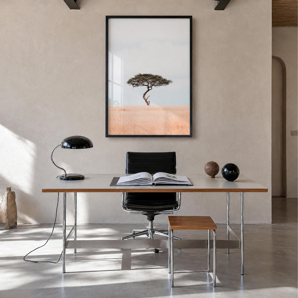 Acacia Tree no. 1 colorful photo poster – vertical wall art in black wood frame, hanging on wall