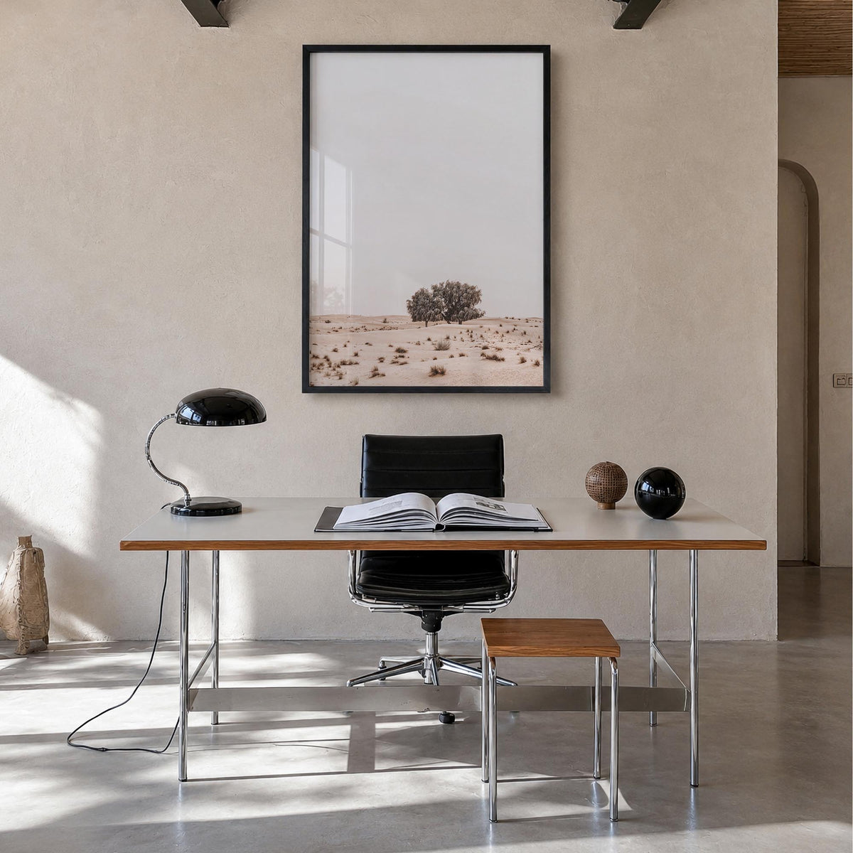 Acacia Tree no. 2 colorful photo poster – vertical wall art in black wood frame, hanging on wall