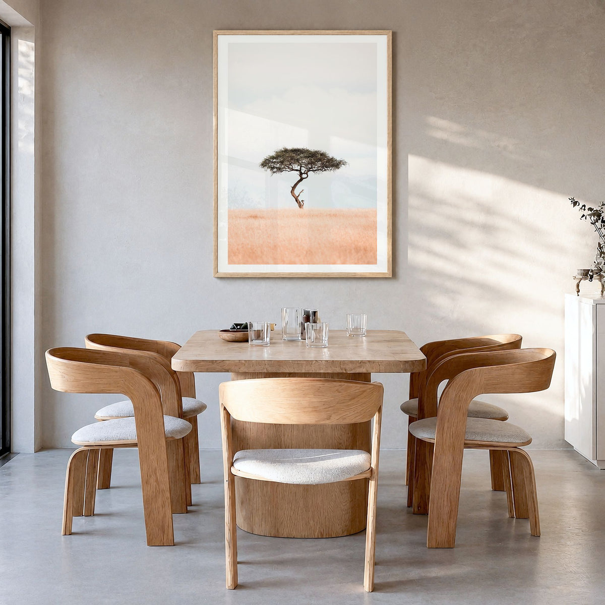 Acacia Tree Photo No 1 Poster in a natural wood frame, hanging in a dining room, white border