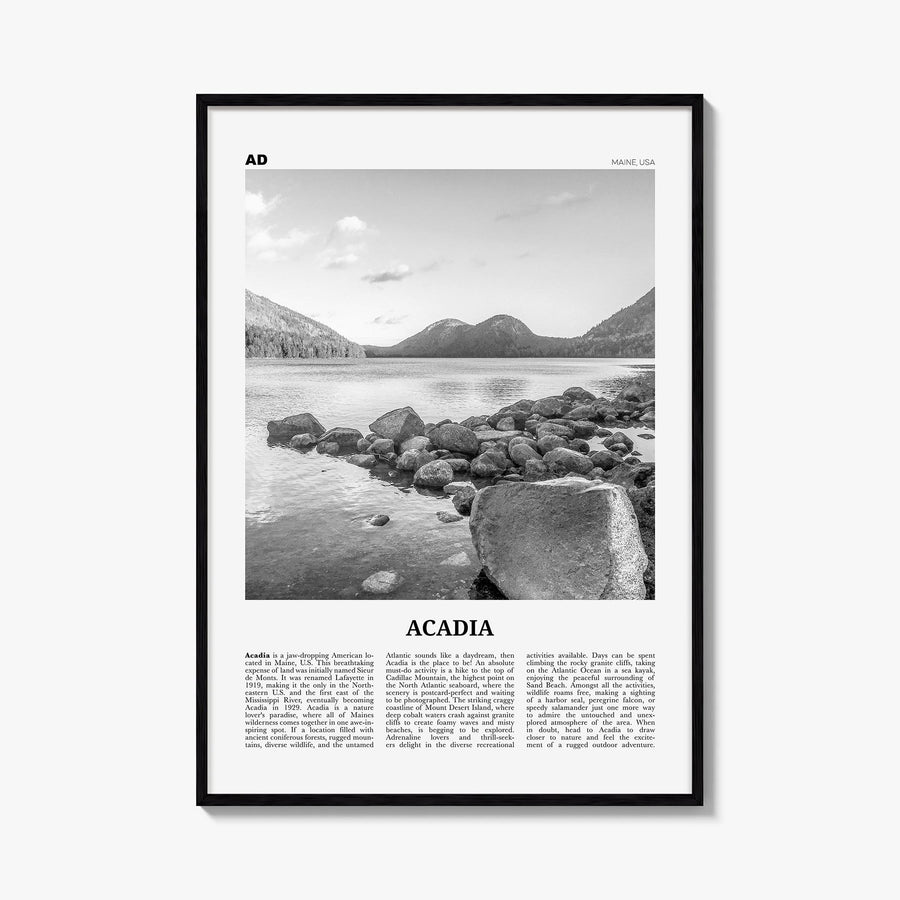 Acadia National Park black & white newspaper poster of Maine, USA – vertical wall art, unframed print shown in interior mocku