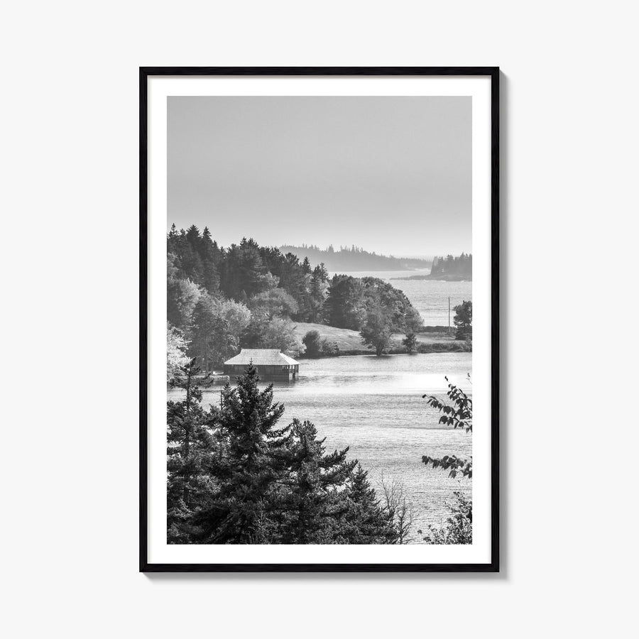 Acadia National Park black & white photo poster of Maine, USA – vertical wall art, unframed print shown in interior mockup