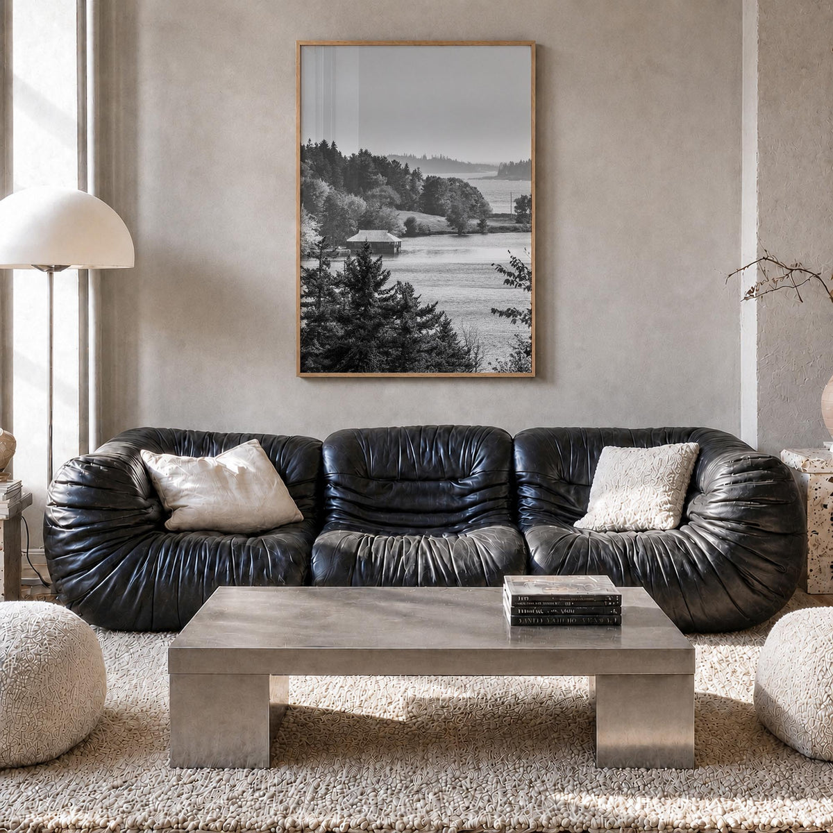 Acadia National Park black & white photo poster of Maine, USA – vertical wall art in natural wood frame, hanging on wall