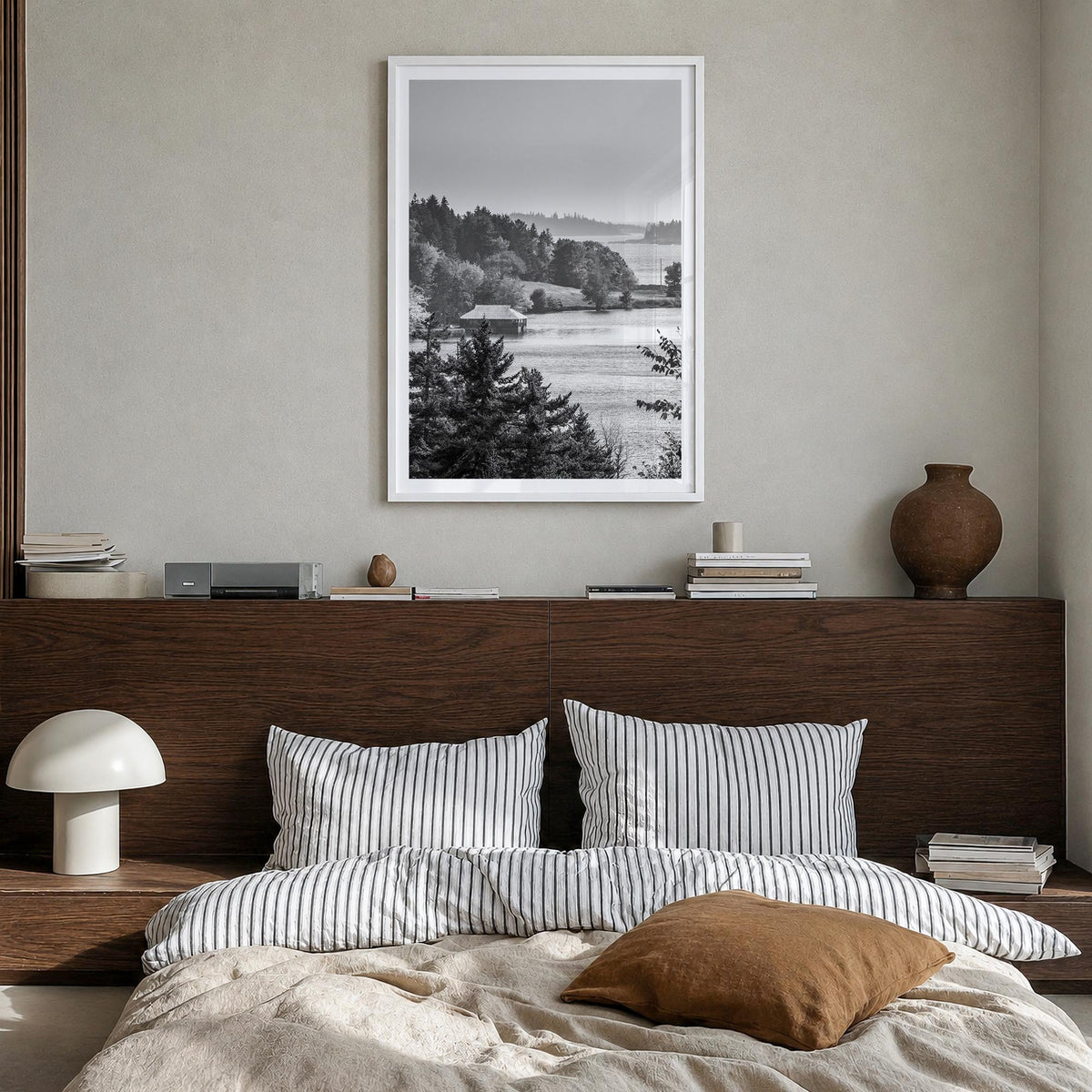 Acadia National Park black & white photo poster of Maine, USA – vertical wall art in white wood frame with white border, hang