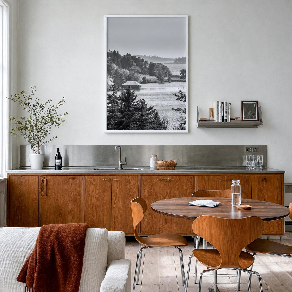 Acadia National Park black & white photo poster of Maine, USA – vertical wall art in white wood frame, hanging on wall