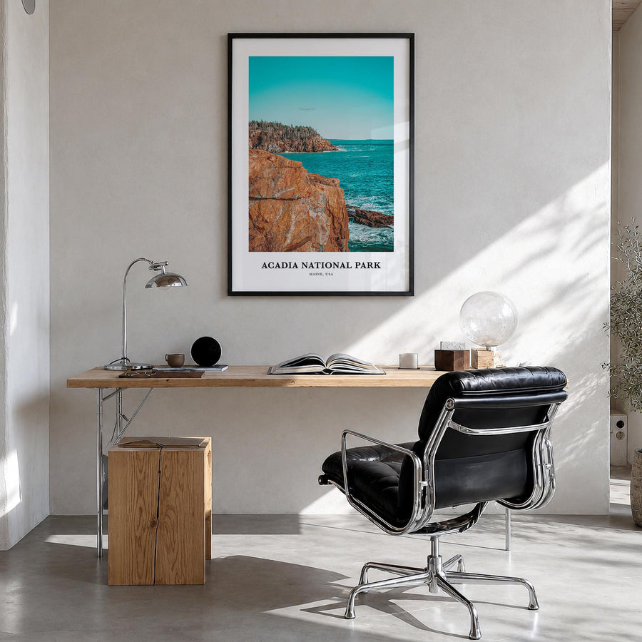 Acadia National Park colorful classic poster of Maine, USA – vertical wall art in black wood frame, hanging on wall