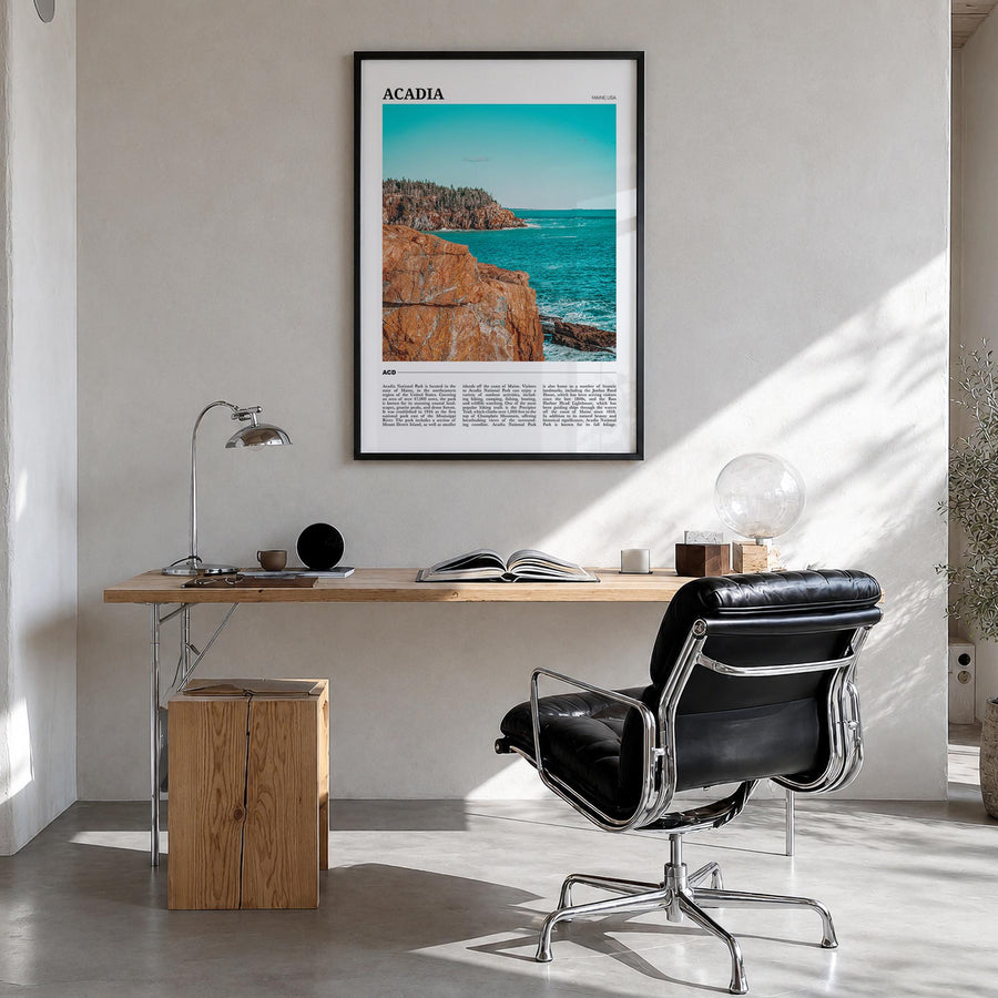 Acadia National Park colorful travel poster of Maine, USA – vertical wall art in black wood frame, hanging on wall
