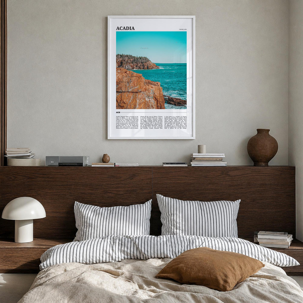 Acadia National Park colorful travel poster of Maine, USA – vertical wall art in white wood frame, hanging on wall