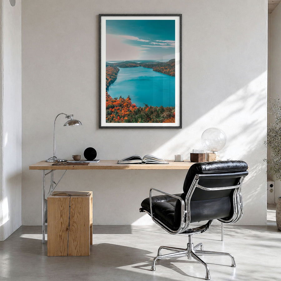 Acadia National Park Photo Poster in a black wood frame, hanging in a bright home office, white border