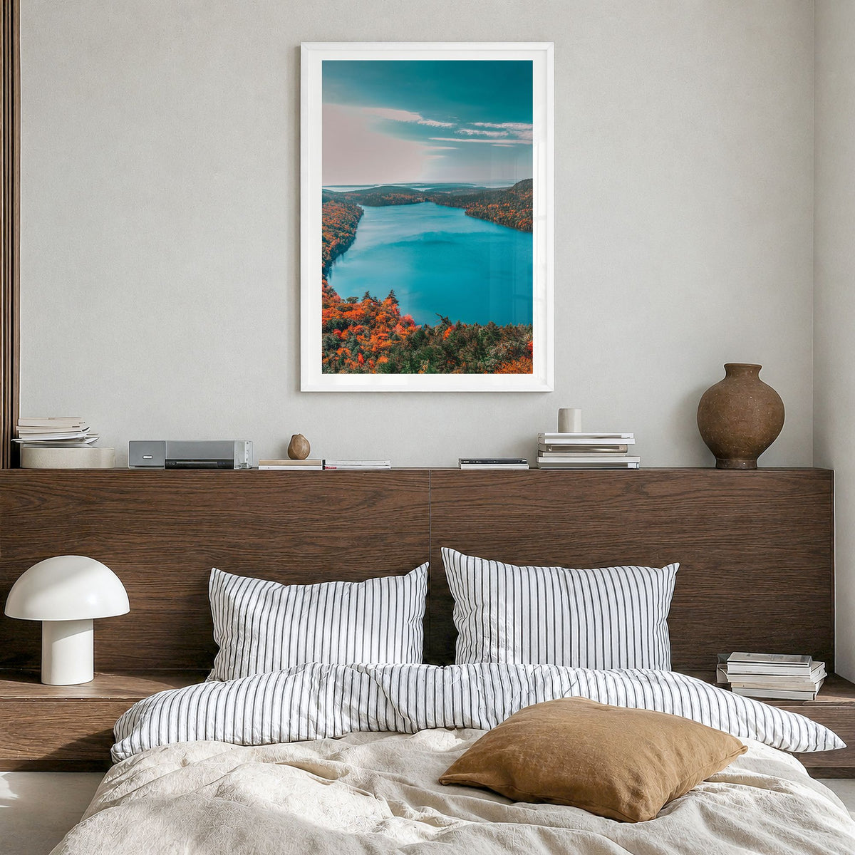 Acadia National Park Photo Poster in a white wood frame, hanging in a bedroom, white border