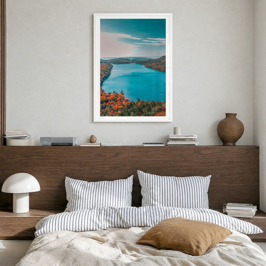 Acadia National Park Photo Poster in a white wood frame, hanging in a bedroom, white border