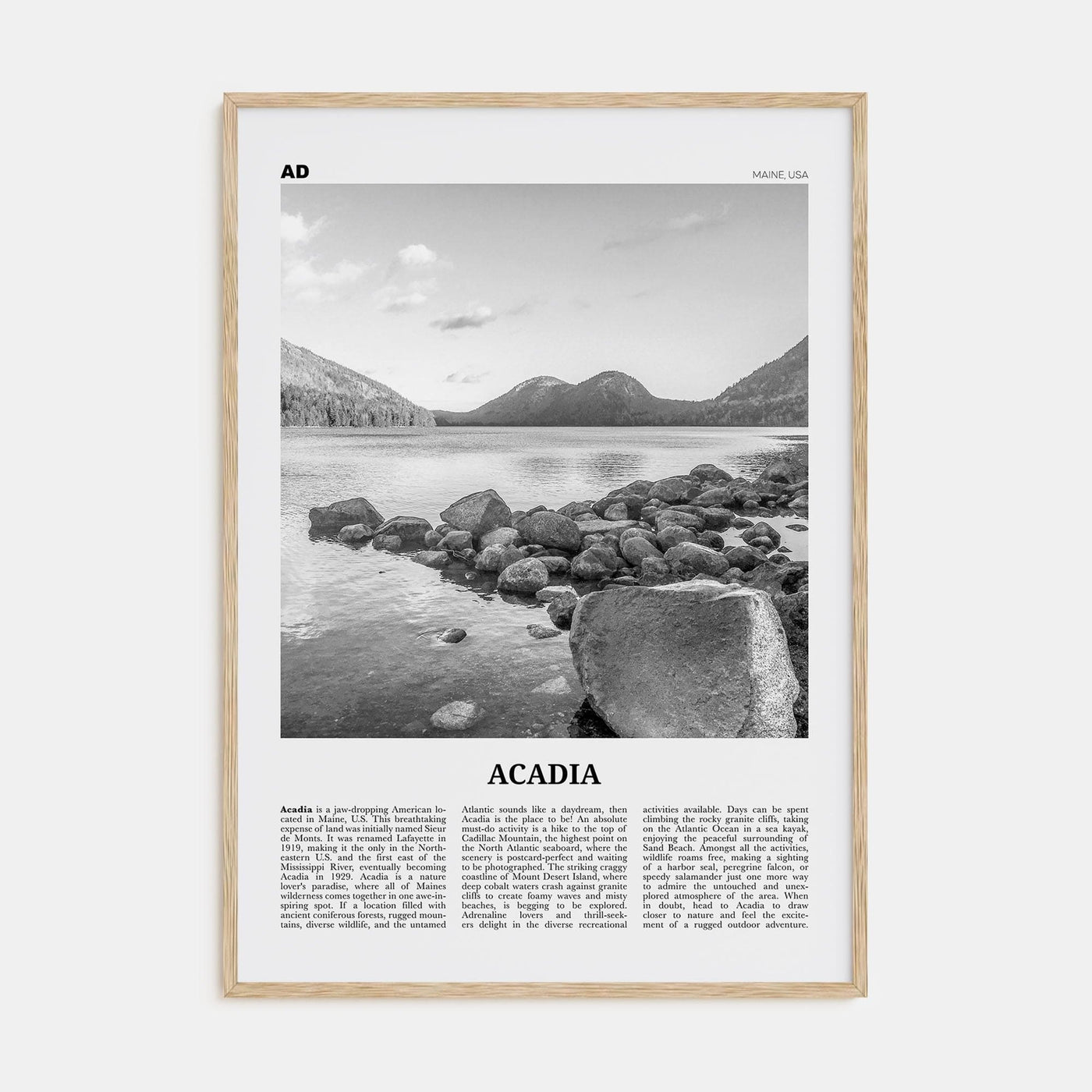 Acadia National Park Poster Natural Wood / 8x12 in Nbourhood Travel B&W Poster