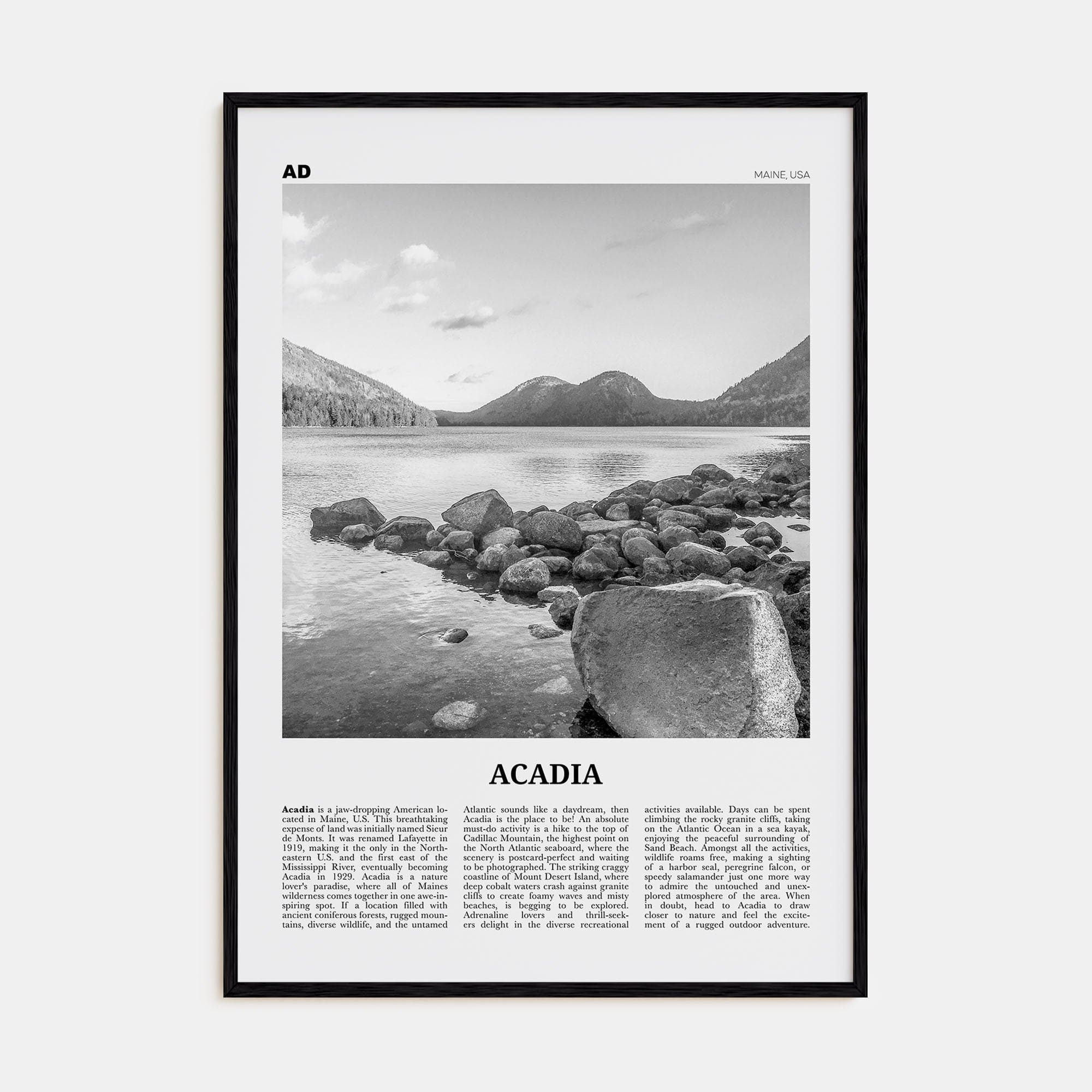 Acadia National Park Poster Black Wood / 8x12 in Nbourhood Travel B&W Poster