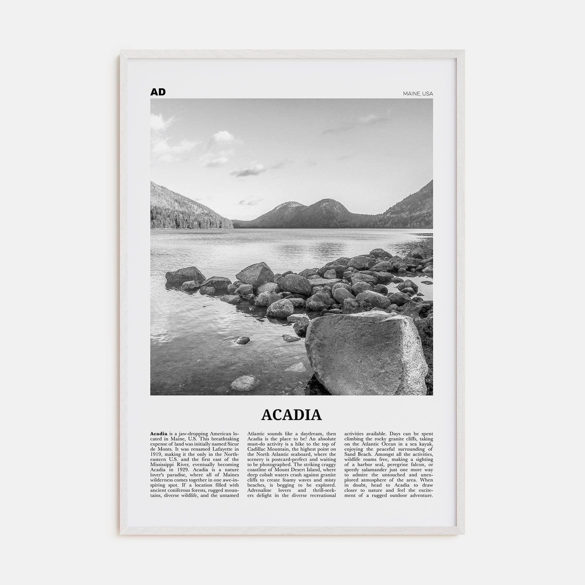 Acadia National Park Poster White Wood / 8x12 in Nbourhood Travel B&W Poster