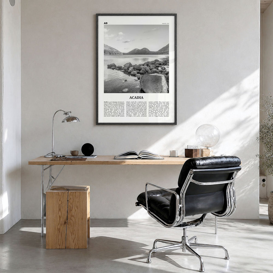 Acadia National Park Newspaper Poster in a black wood frame, hanging in a bright home office