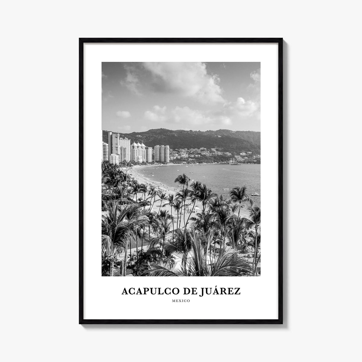 Acapulco de Juárez black & white classic poster of Mexico – vertical wall art, unframed print shown in interior mockup
