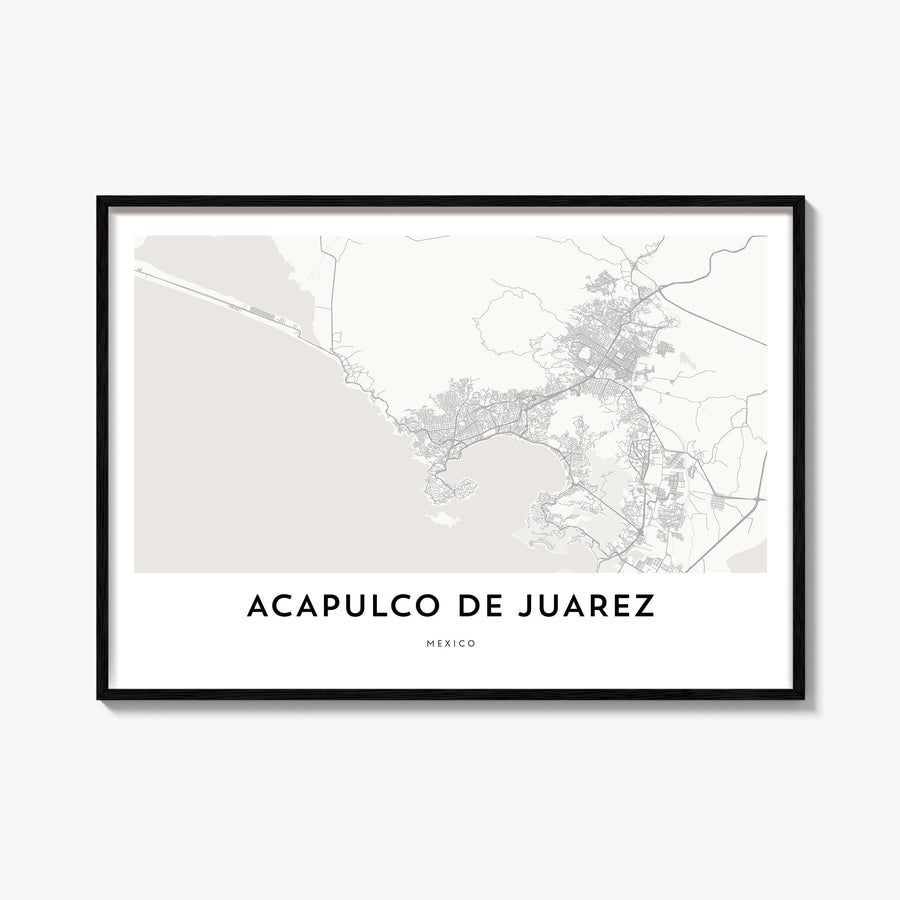 Acapulco de Juárez black & white map poster of Mexico – horizontal wall art, unframed print shown in interior mockup