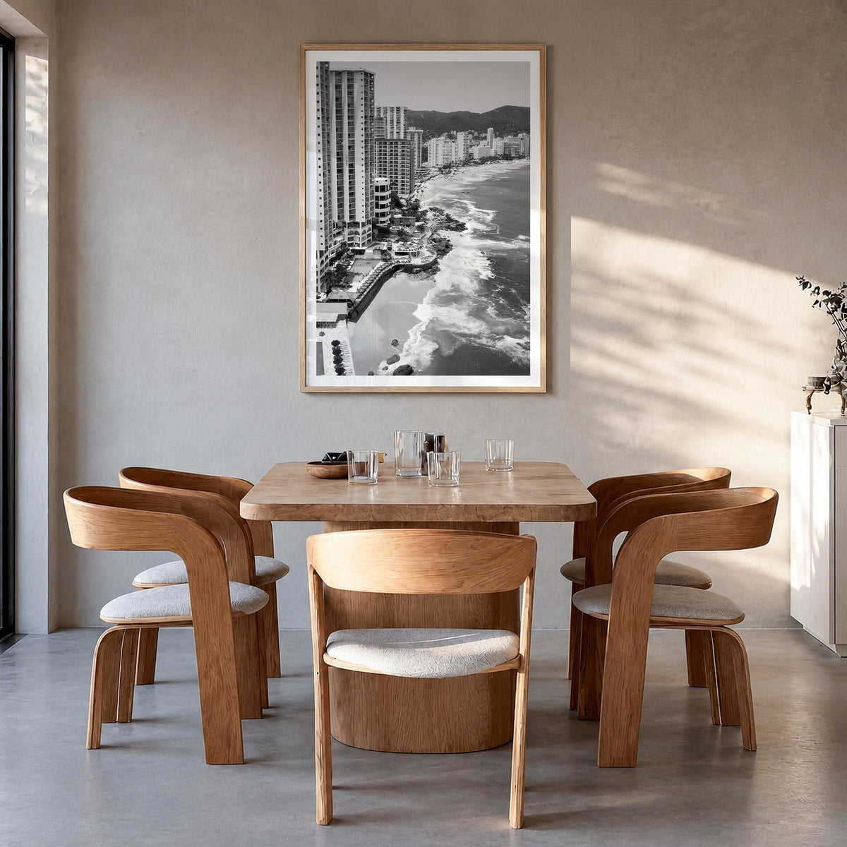 Acapulco de Juárez black & white photo poster of Mexico – vertical wall art in natural wood frame with white border, hanging 
