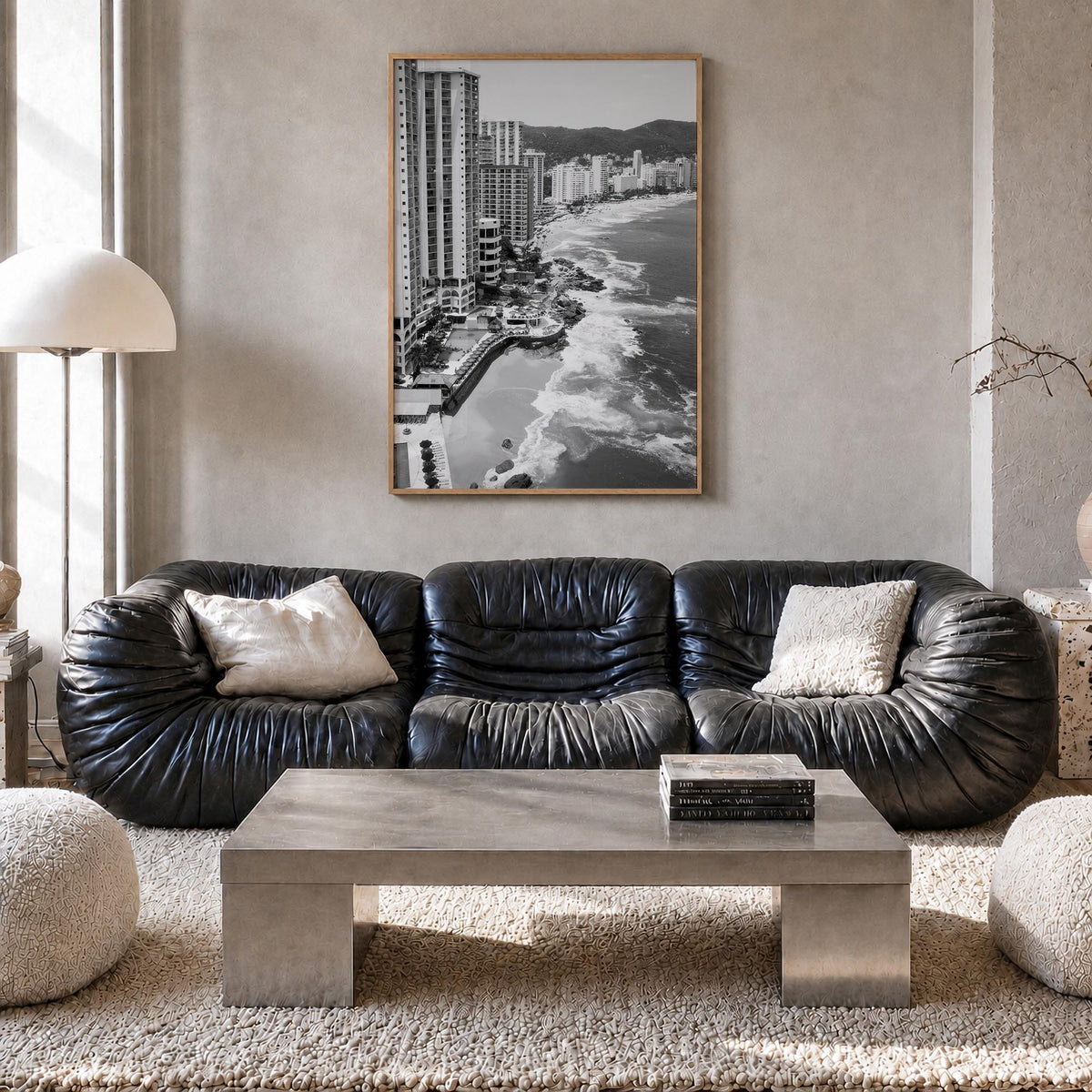 Acapulco de Juárez black & white photo poster of Mexico – vertical wall art in natural wood frame, hanging on wall