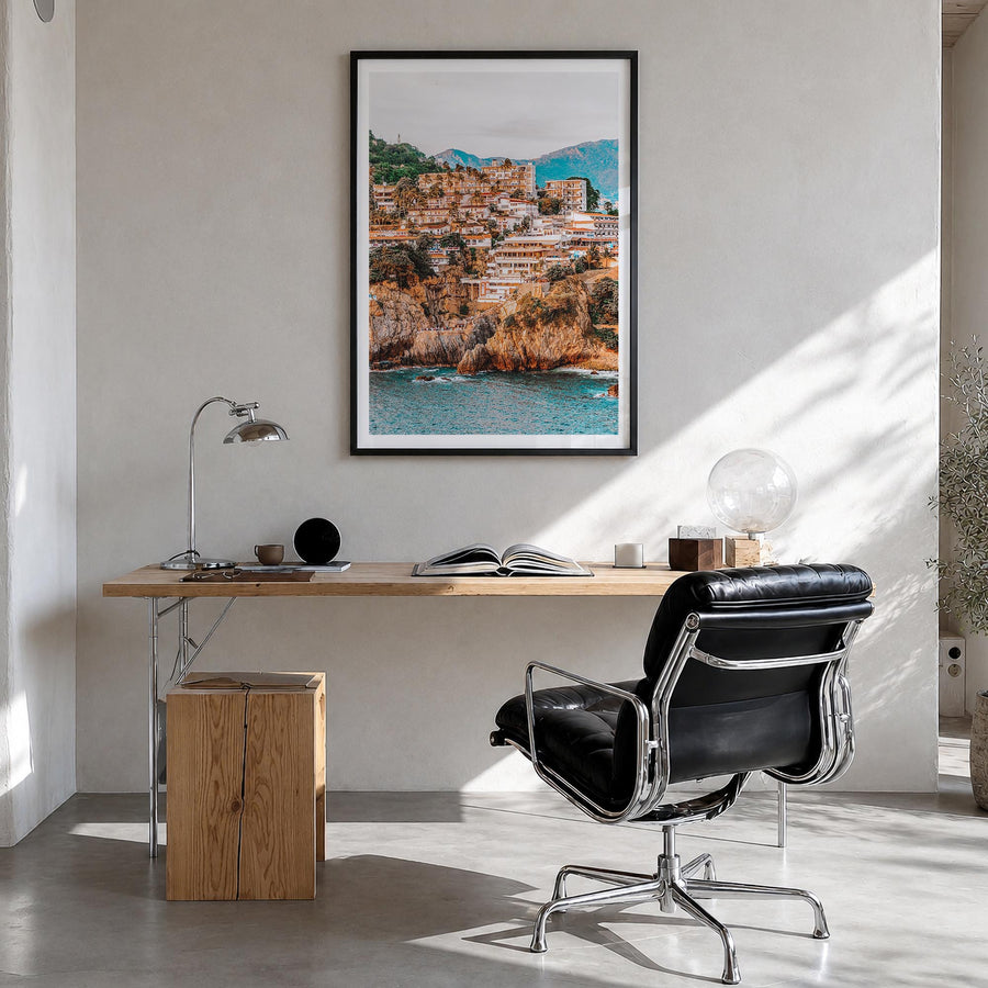 Acapulco de Juárez colorful photo poster of Mexico – vertical wall art in black wood frame with white border, hanging on wall