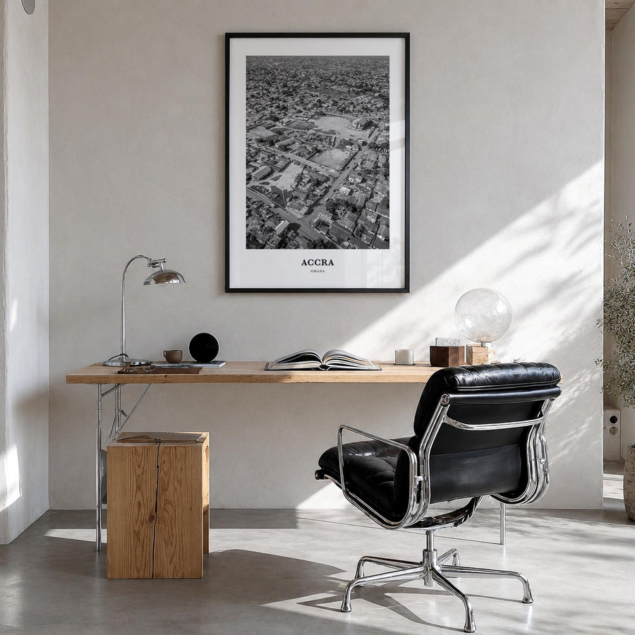 Accra black & white classic poster of Ghana – vertical wall art in black wood frame, hanging on wall
