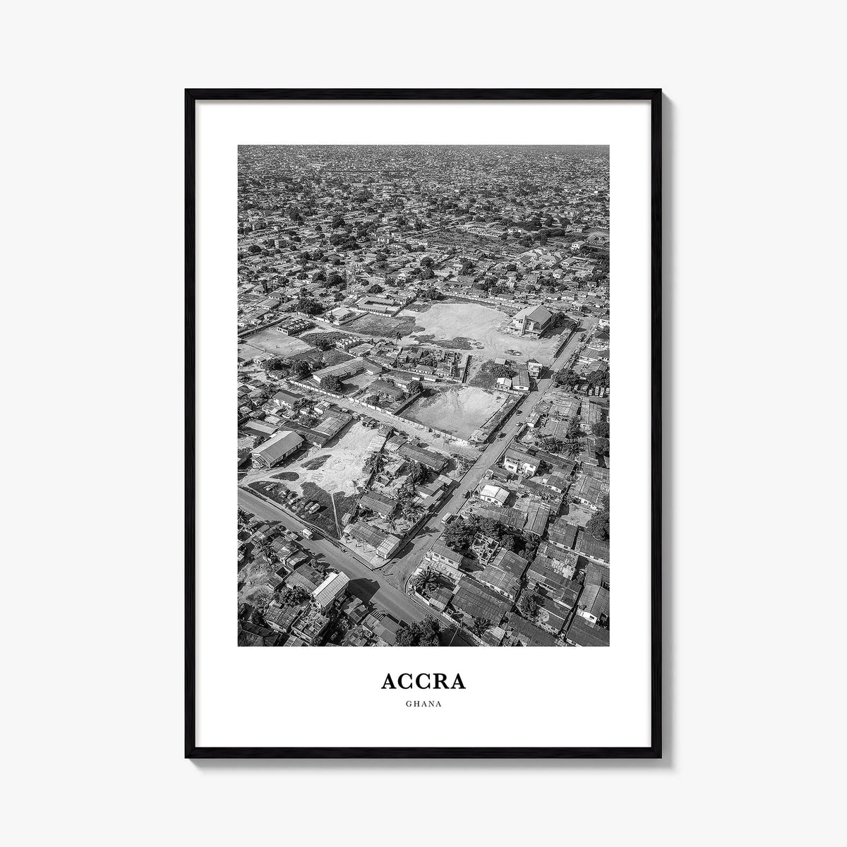 Accra black & white classic poster of Ghana – vertical wall art, unframed print shown in interior mockup