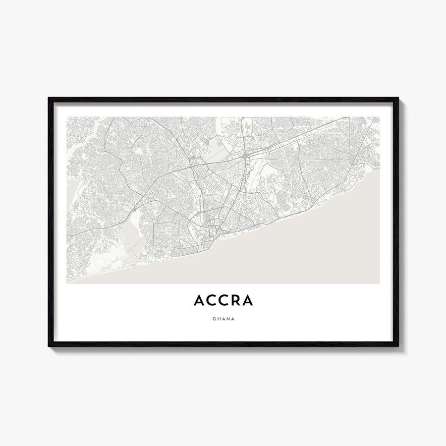 Accra black & white map poster of Ghana – horizontal wall art, unframed print shown in interior mockup