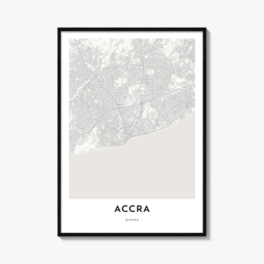Accra black & white map poster of Ghana – vertical wall art, unframed print shown in interior mockup