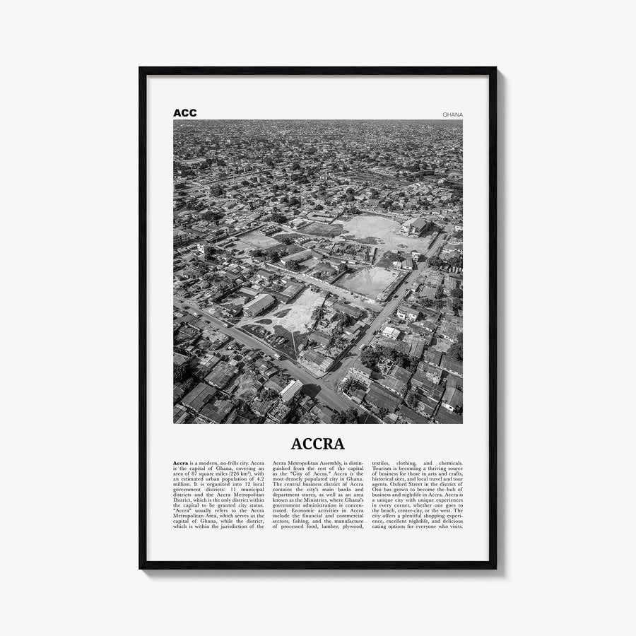 Accra black & white newspaper poster of Ghana – vertical wall art, unframed print shown in interior mockup