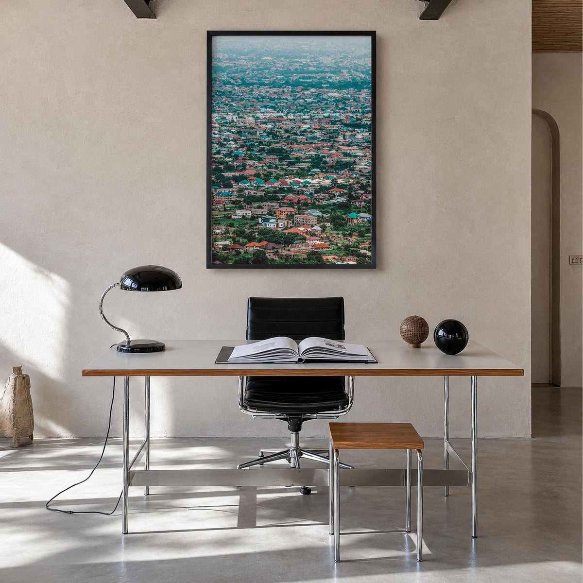 Accra colorful photo poster of Ghana – vertical wall art in black wood frame, hanging on wall
