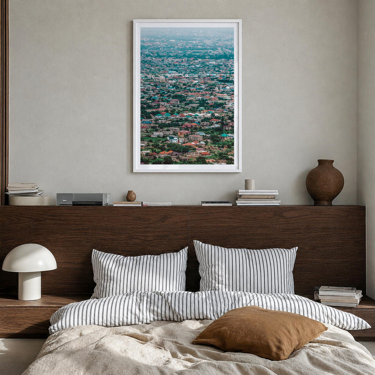 Accra colorful photo poster of Ghana – vertical wall art in white wood frame with white border, hanging on wall