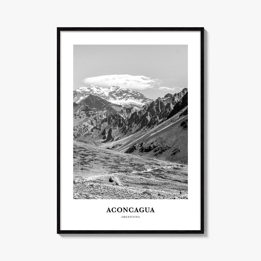 Aconcagua black & white classic poster of Argentina – vertical wall art, unframed print shown in interior mockup