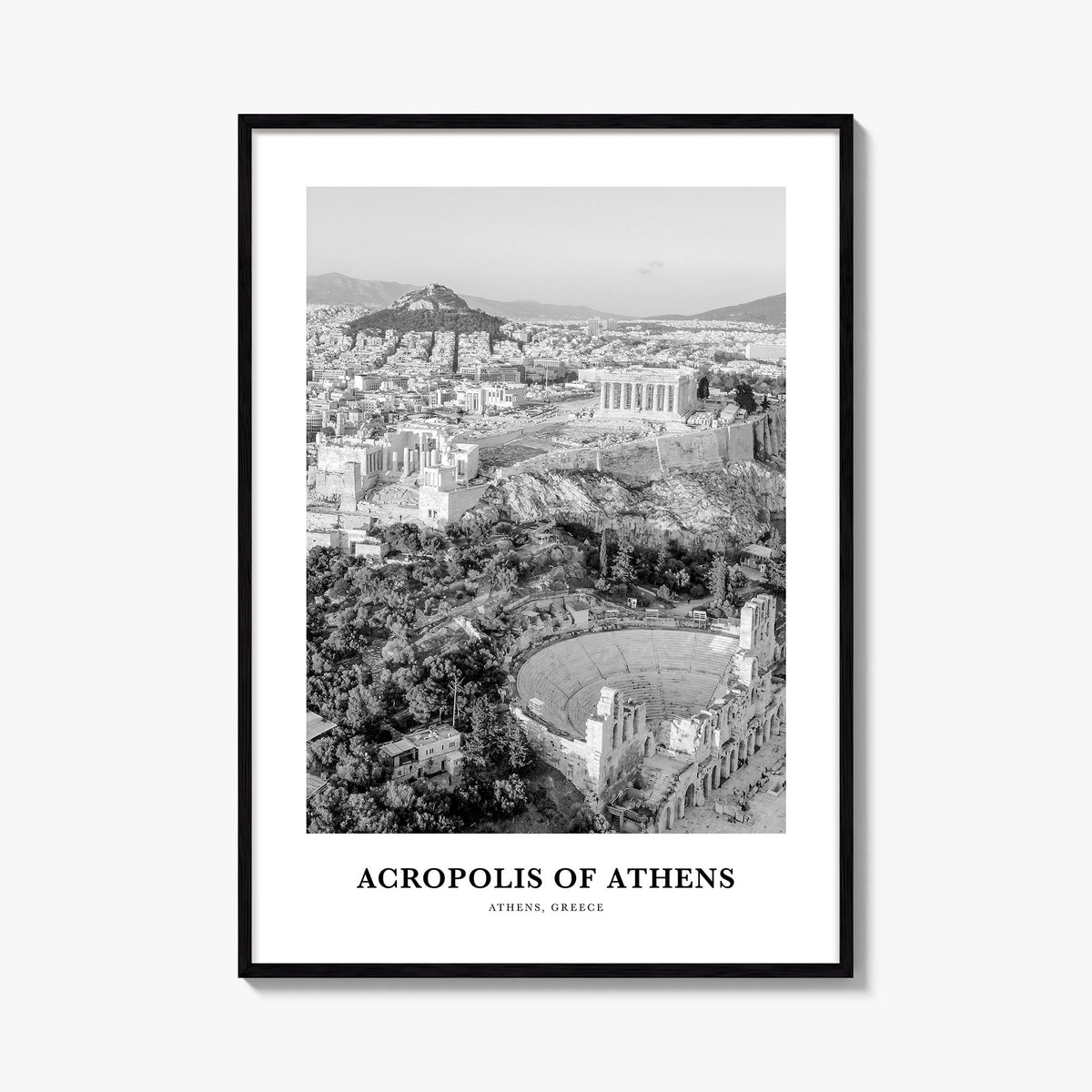 Acropolis of Athens black & white classic poster of Athens, Greece – vertical wall art, unframed print shown in interior mock