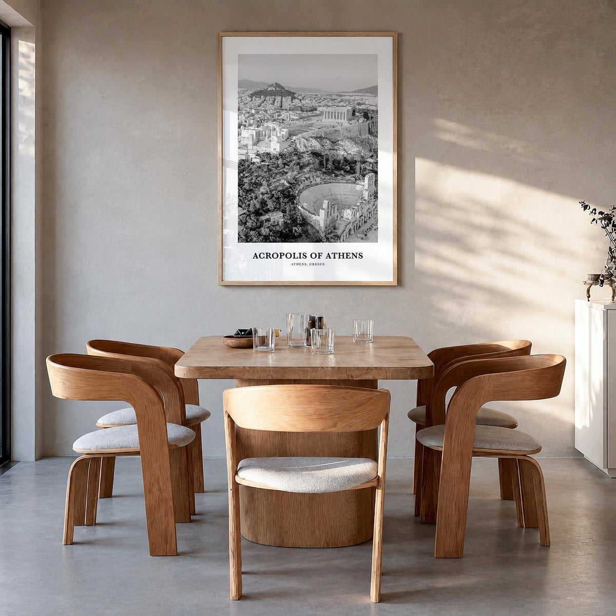 Acropolis of Athens black & white classic poster of Athens, Greece – vertical wall art in natural wood frame, hanging on wall